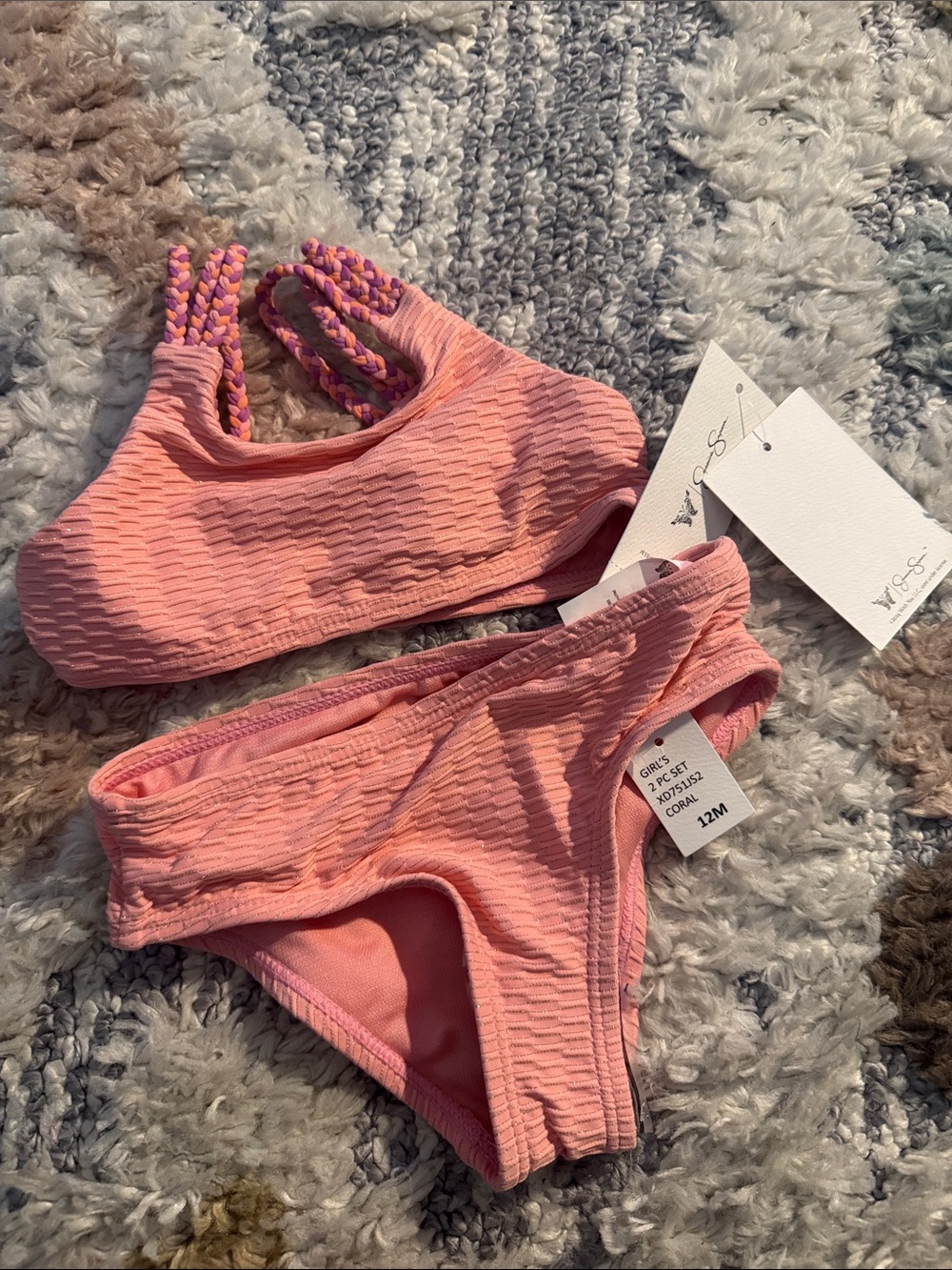 Corral Pink Textured Bikini with Braided Straps